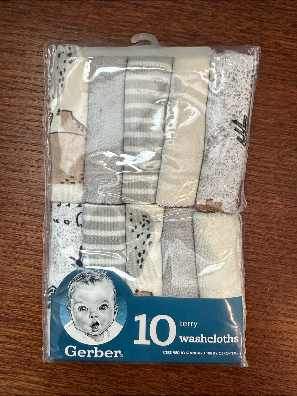 NWT Gerber 10-Pack Terry Baby Washcloths Neutral Safari OEKO-TEX Soft Cotton